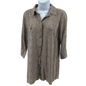 FDJ French Dressing Jeans Shirt SZ L Tan Black Striped Roll Tab Sleeve Button Up